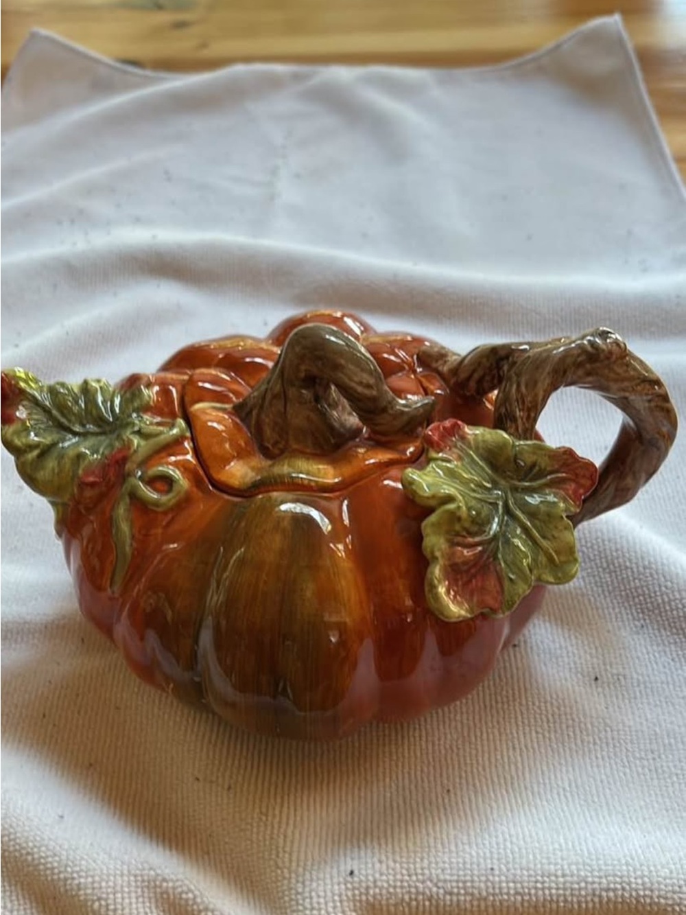 Vintage Hand-Painted Orange Ceramic Pumpkin Teapot with Leaf Accents